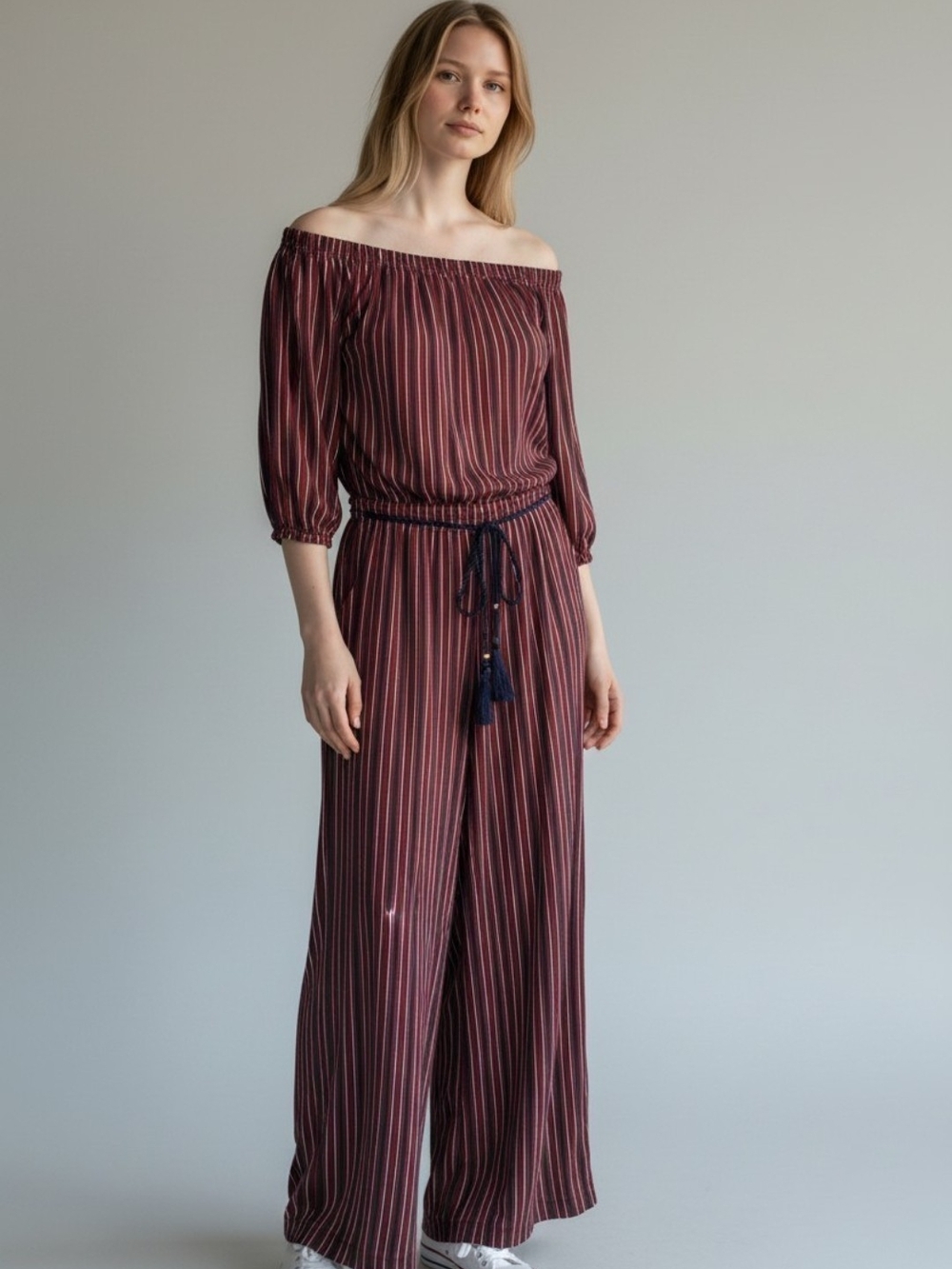 Derek Heart Burgundy Striped Off-Shoulder Wide-Leg Jumpsuit